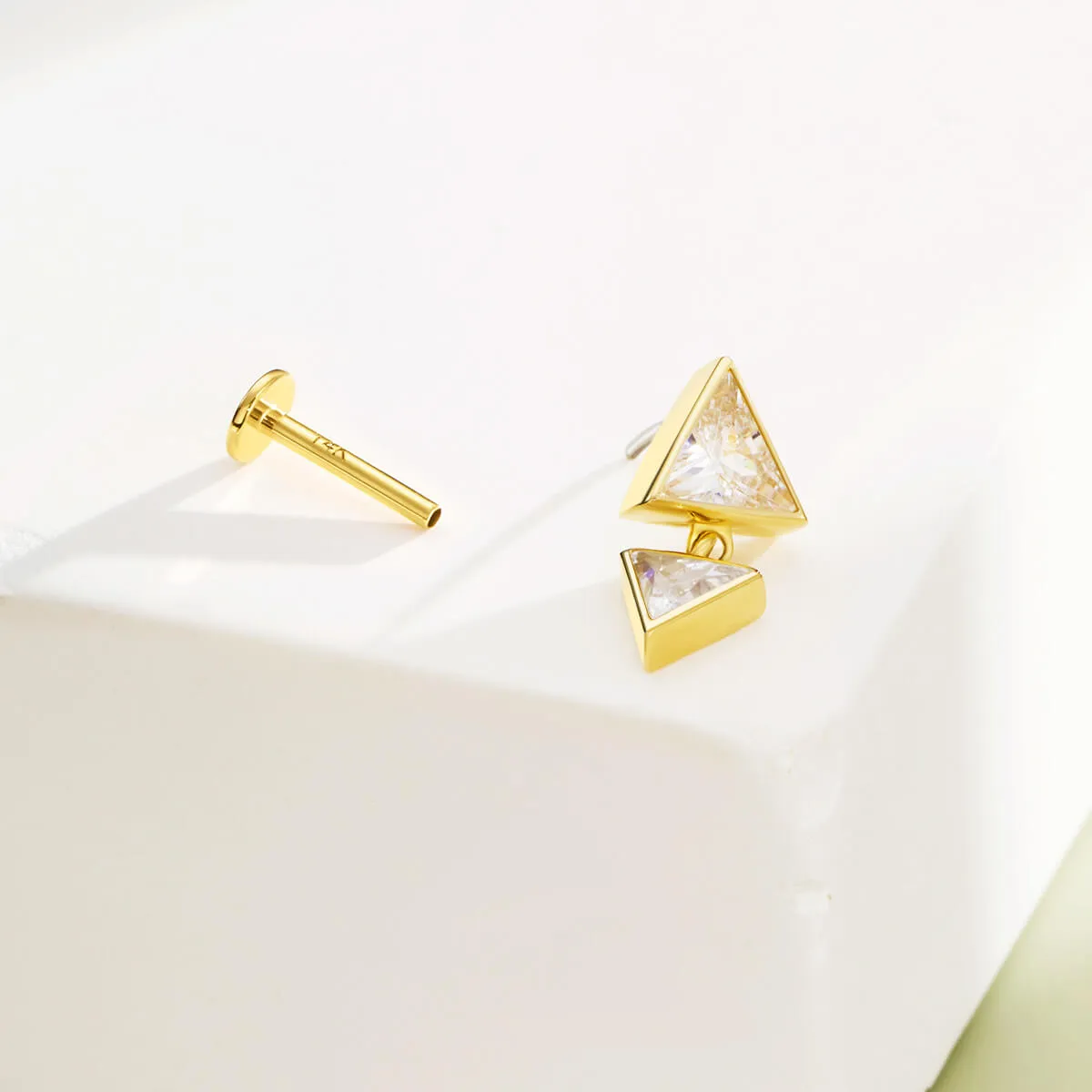 14K Solid Gold Up-Down Symmetrical Clear CZ Triangle Top Helix Earring Stud