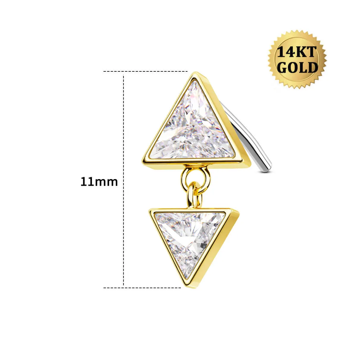 14K Solid Gold Up-Down Symmetrical Clear CZ Triangle Top Helix Earring Stud