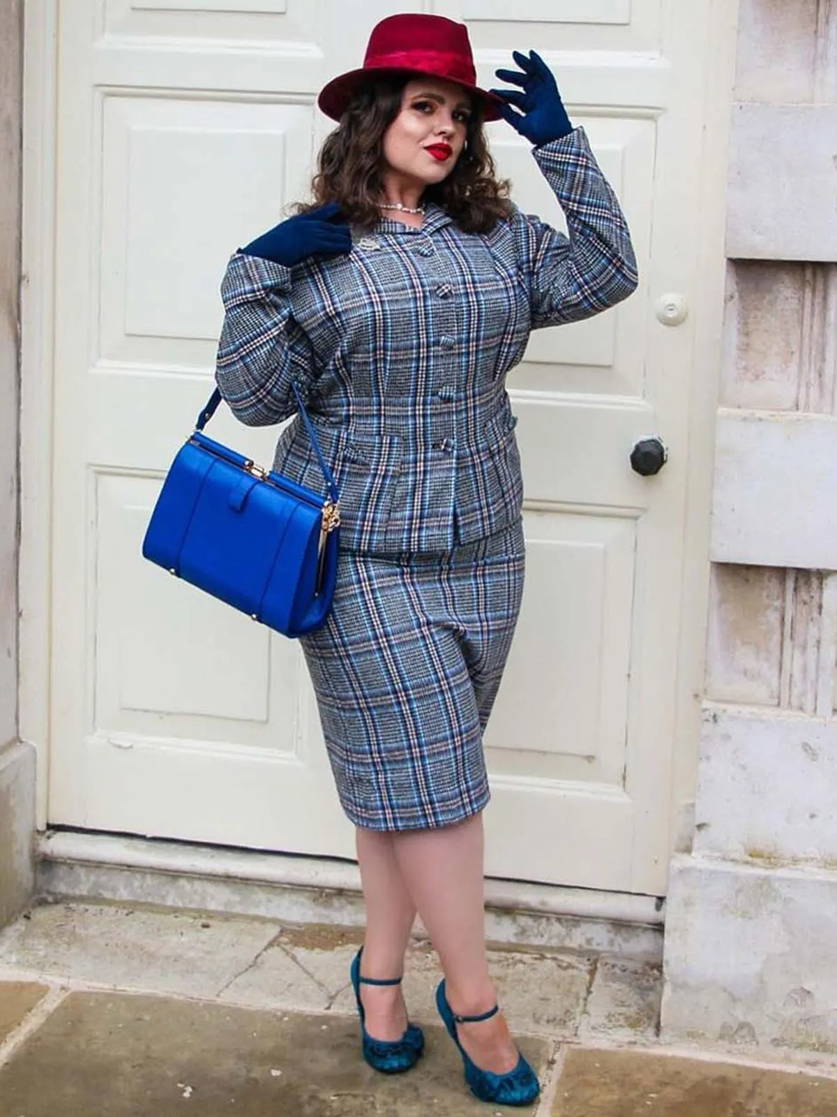 1940s Vintage Amity Skirt Suit in Brown & Blue Check