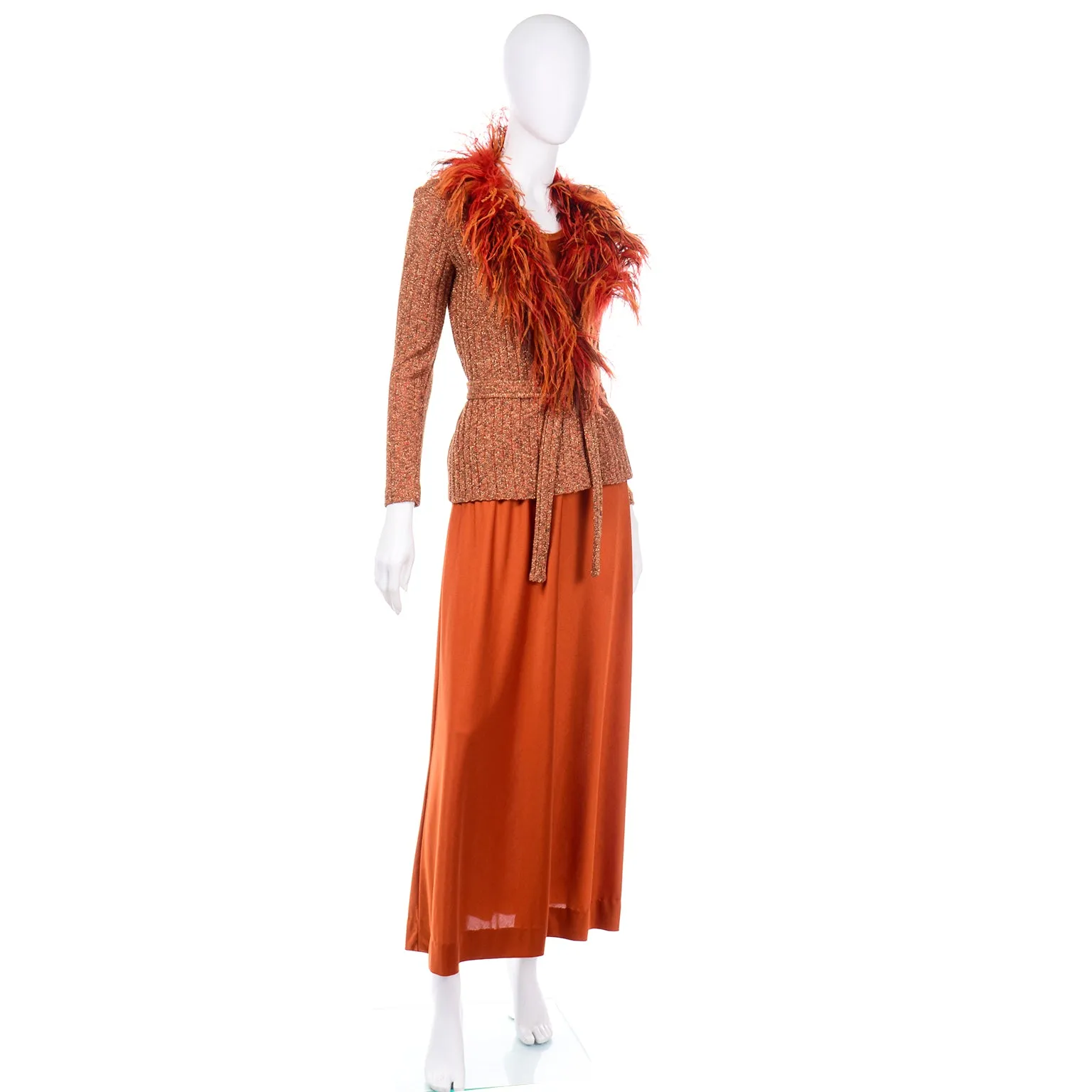 1970s Burnt Orange Jersey Maxi Dress w Ostrich Feather Knit Sweater