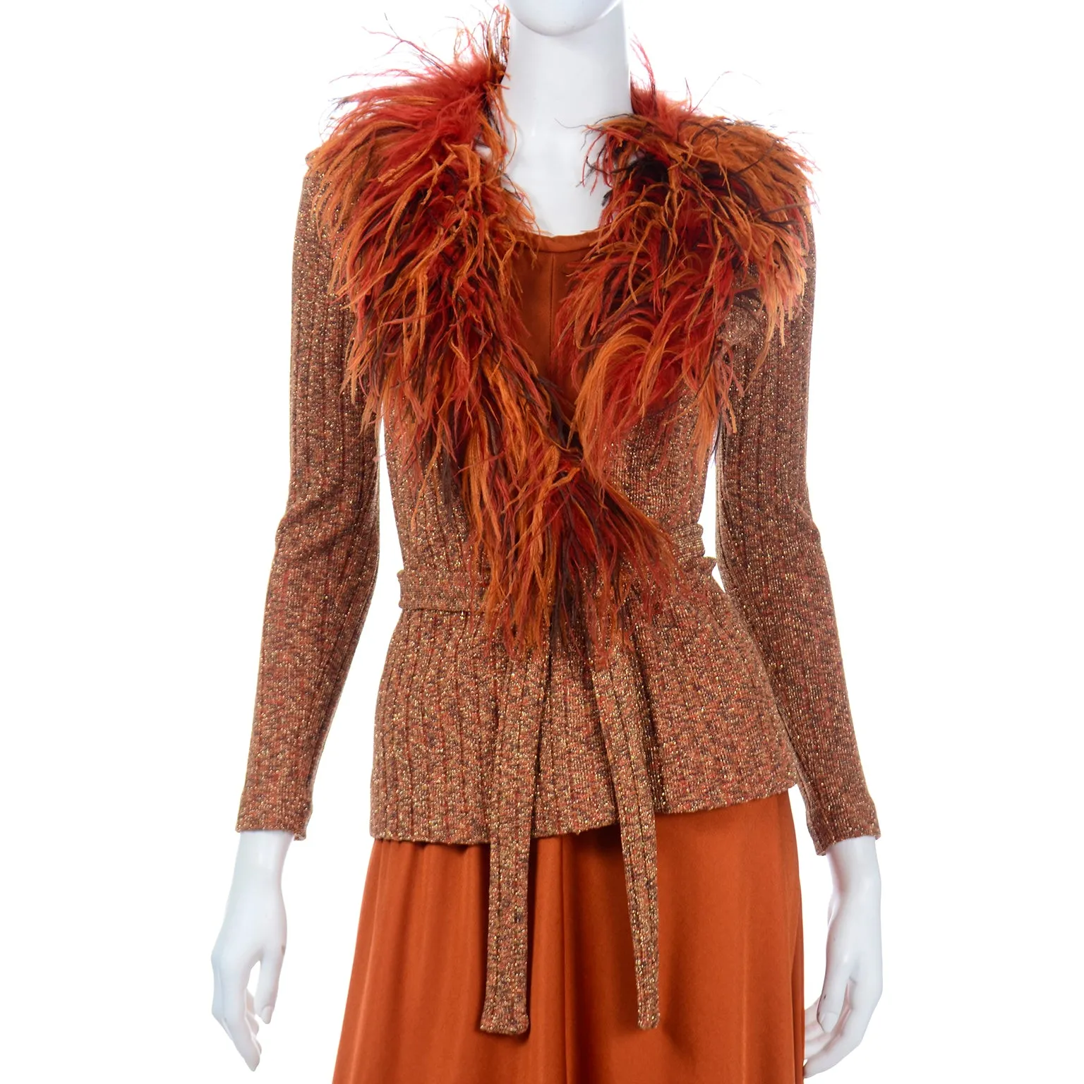 1970s Burnt Orange Jersey Maxi Dress w Ostrich Feather Knit Sweater