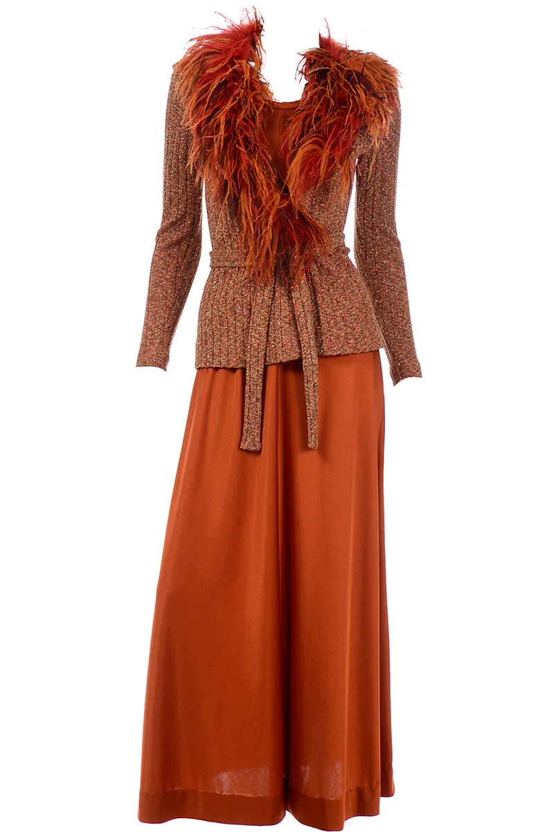 1970s Burnt Orange Jersey Maxi Dress w Ostrich Feather Knit Sweater