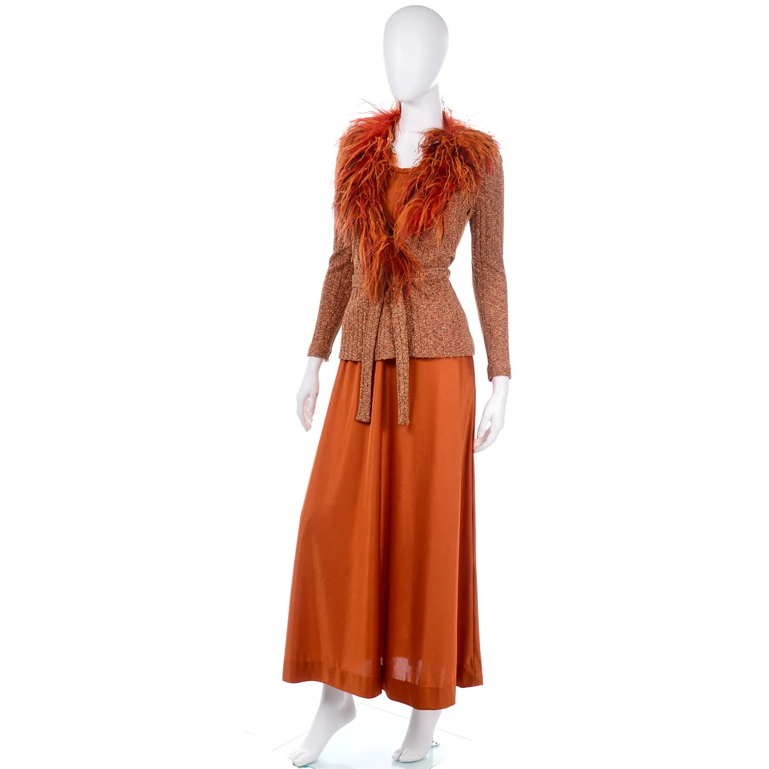 1970s Burnt Orange Jersey Maxi Dress w Ostrich Feather Knit Sweater