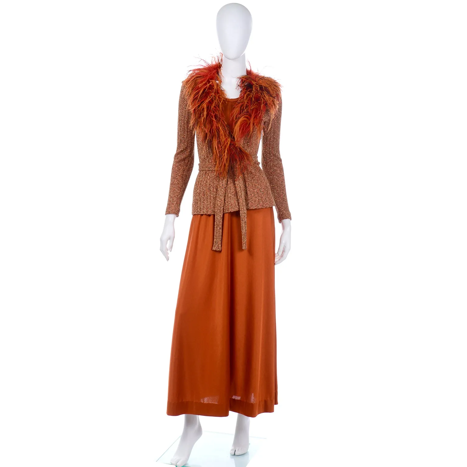 1970s Burnt Orange Jersey Maxi Dress w Ostrich Feather Knit Sweater