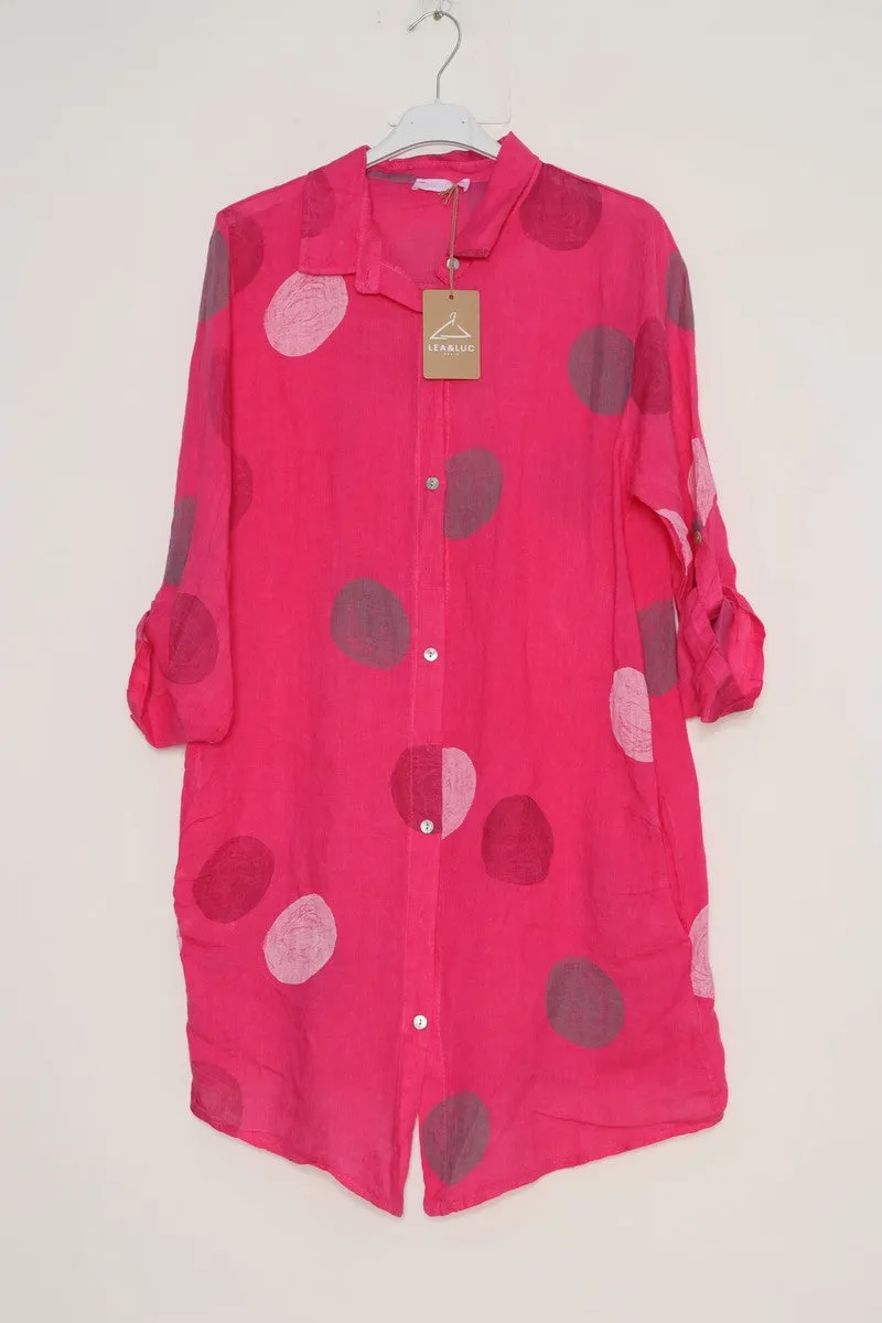 197A Button Down Circle Dots Dress 100% Linen