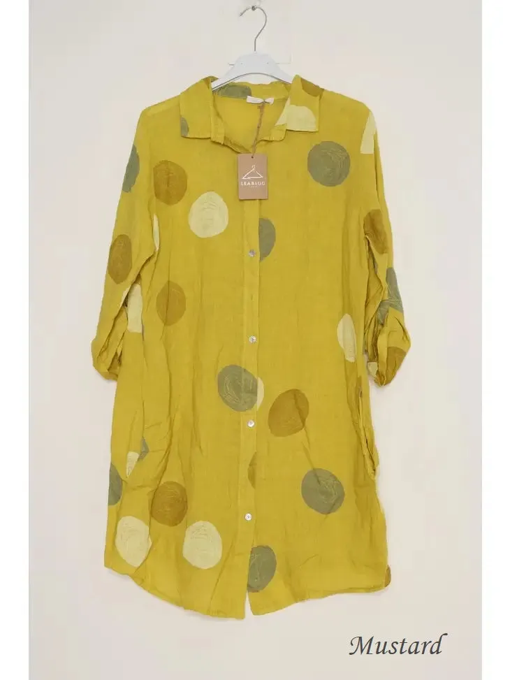 197A Button Down Circle Dots Dress 100% Linen