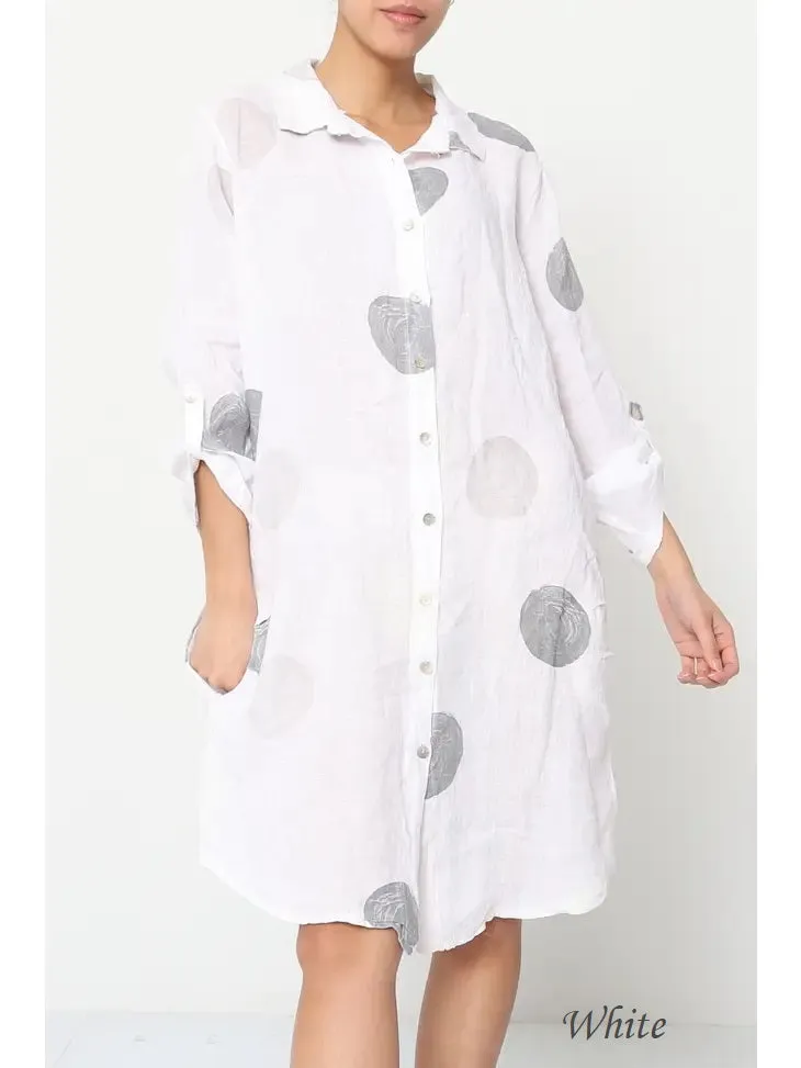 197A Button Down Circle Dots Dress 100% Linen