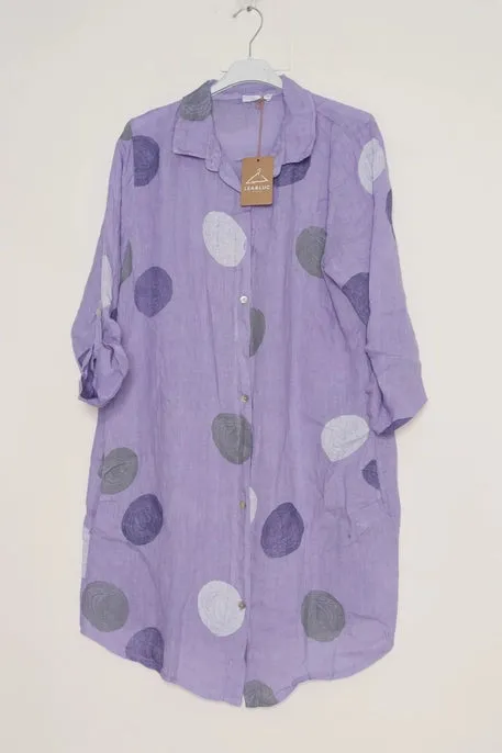 197A Button Down Circle Dots Dress 100% Linen