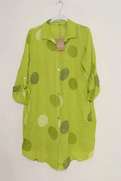 197A Button Down Circle Dots Dress 100% Linen