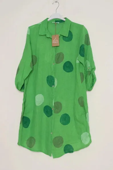 197A Button Down Circle Dots Dress 100% Linen