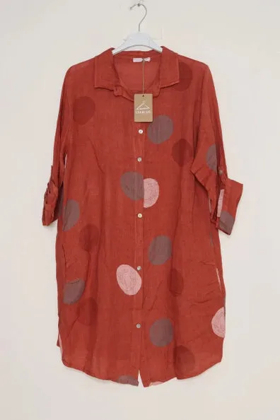 197A Button Down Circle Dots Dress 100% Linen