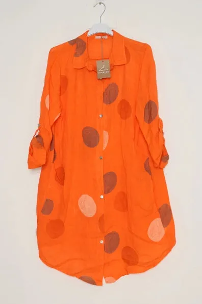 197A Button Down Circle Dots Dress 100% Linen