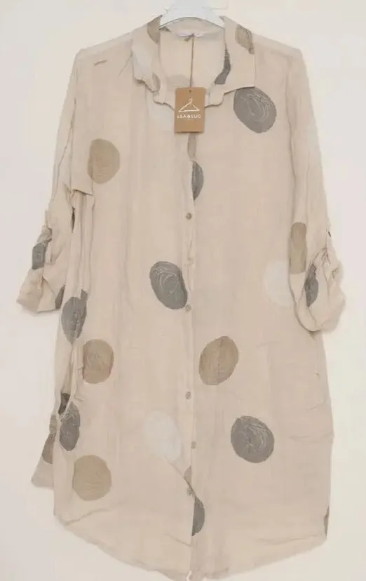 197A Button Down Circle Dots Dress 100% Linen