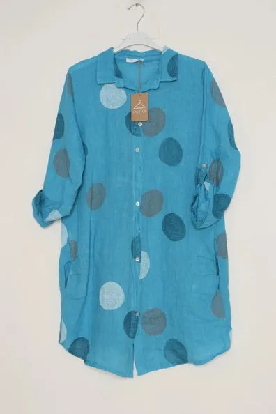 197A Button Down Circle Dots Dress 100% Linen