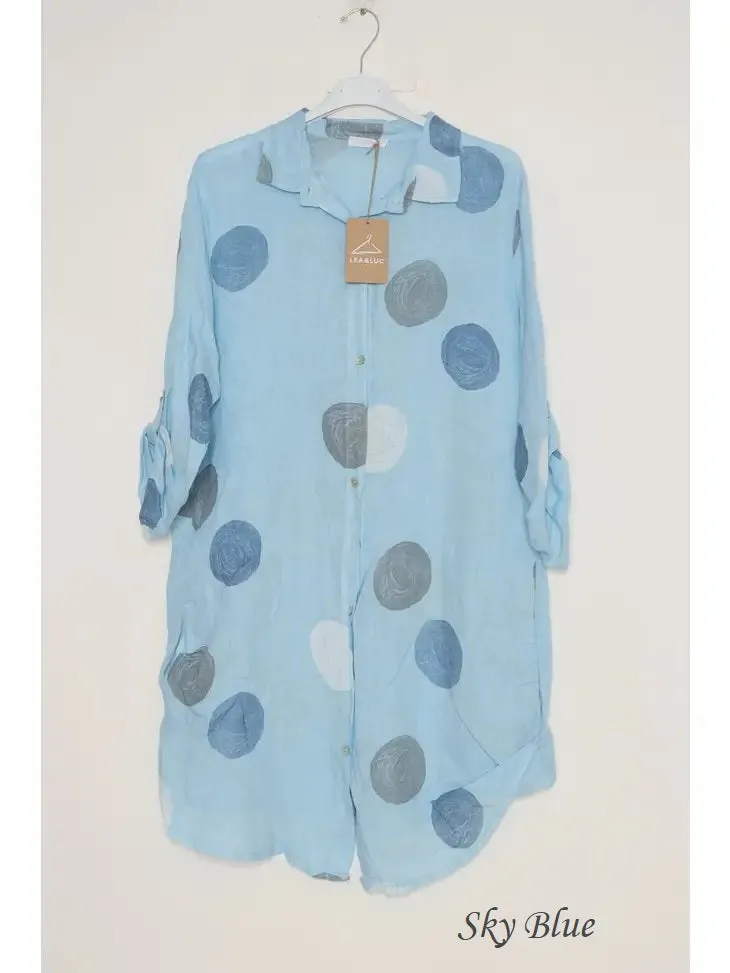 197A Button Down Circle Dots Dress 100% Linen