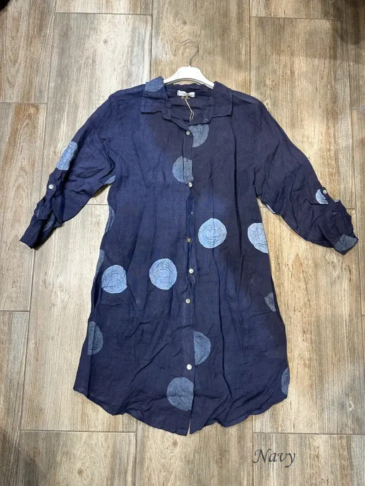 197A Button Down Circle Dots Dress 100% Linen