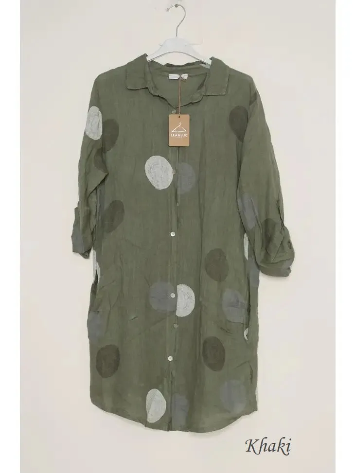 197A Button Down Circle Dots Dress 100% Linen