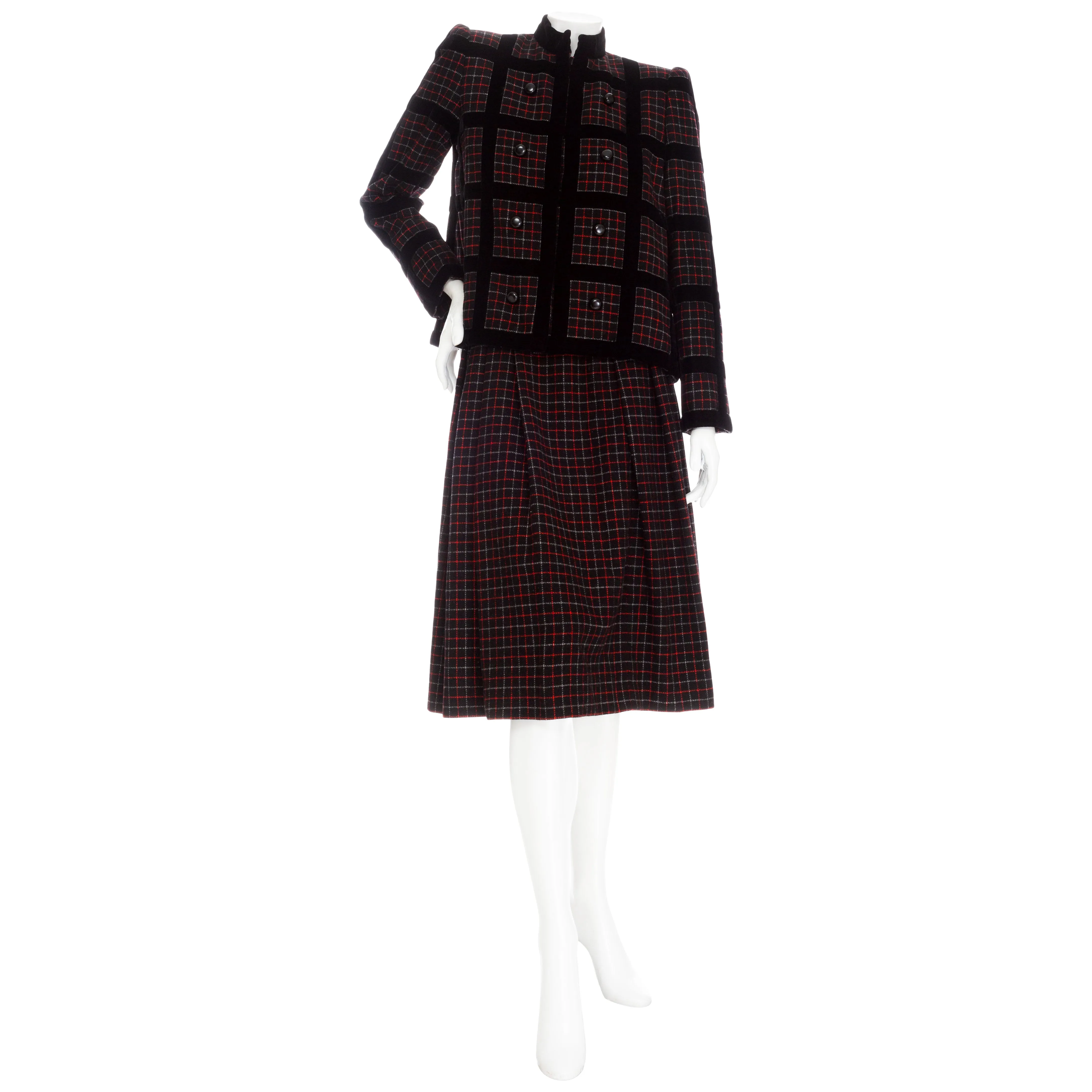 1982 Haute Couture Black and Red Wool Checkered Two-Piece Skirt and Jacket Suit