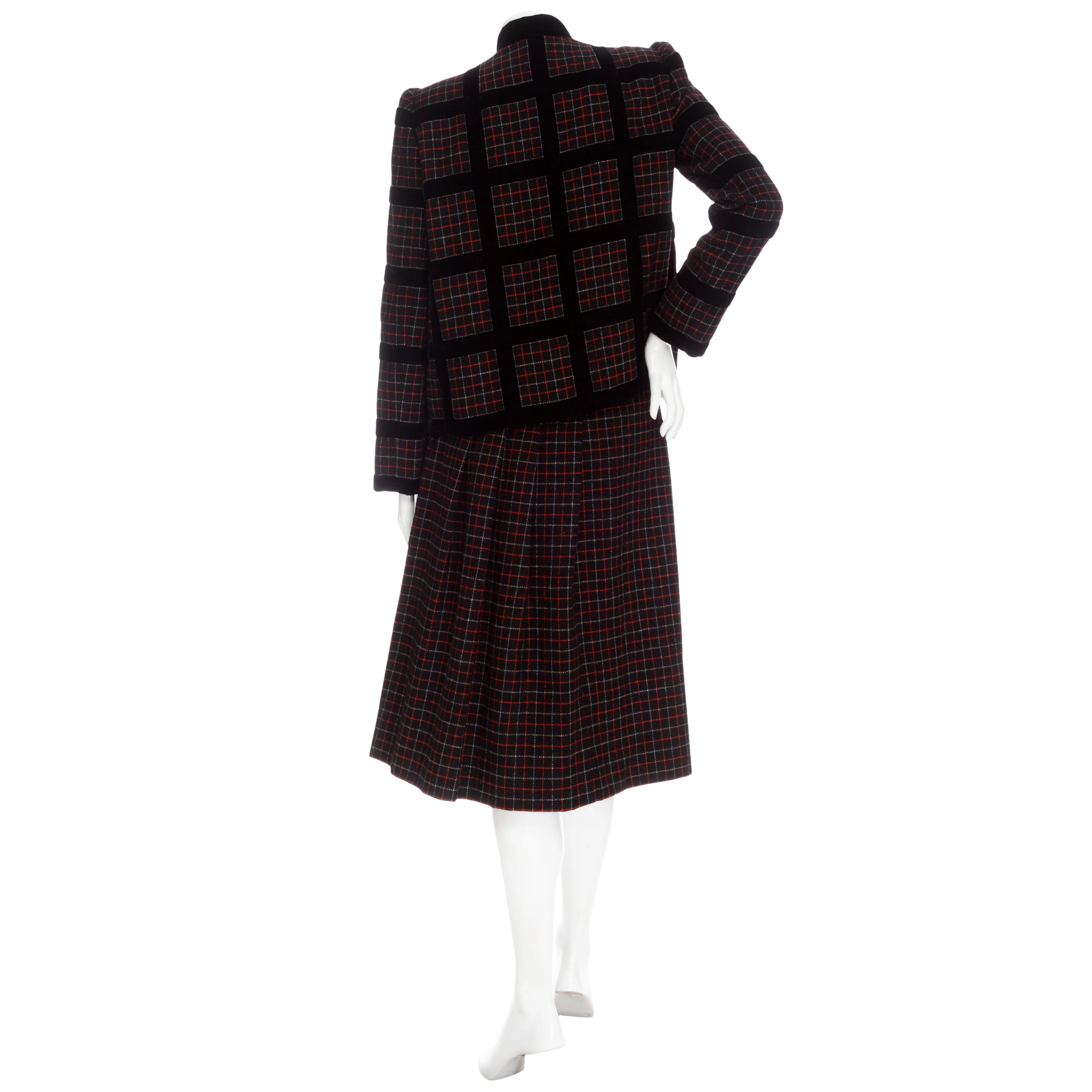 1982 Haute Couture Black and Red Wool Checkered Two-Piece Skirt and Jacket Suit