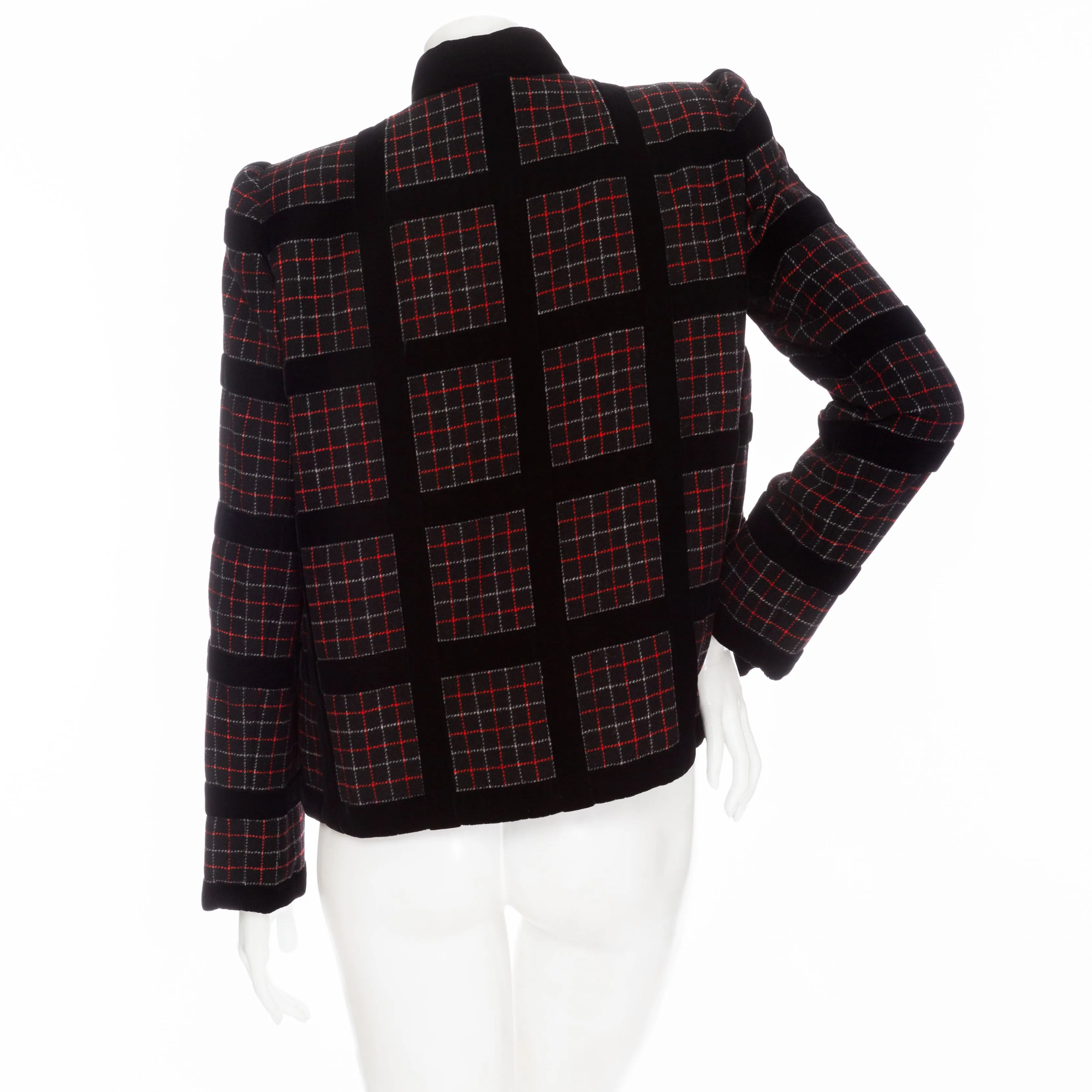 1982 Haute Couture Black and Red Wool Checkered Two-Piece Skirt and Jacket Suit