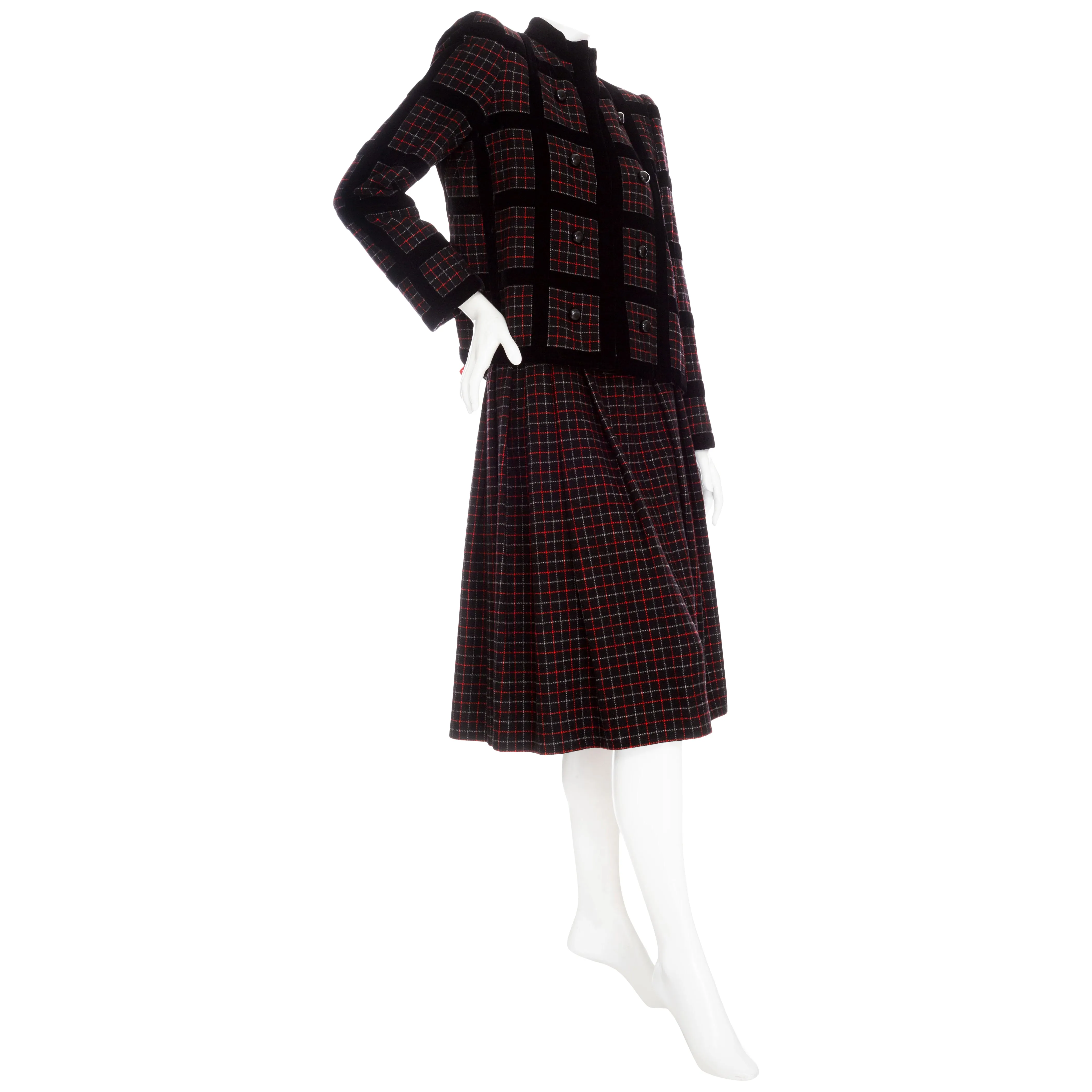 1982 Haute Couture Black and Red Wool Checkered Two-Piece Skirt and Jacket Suit