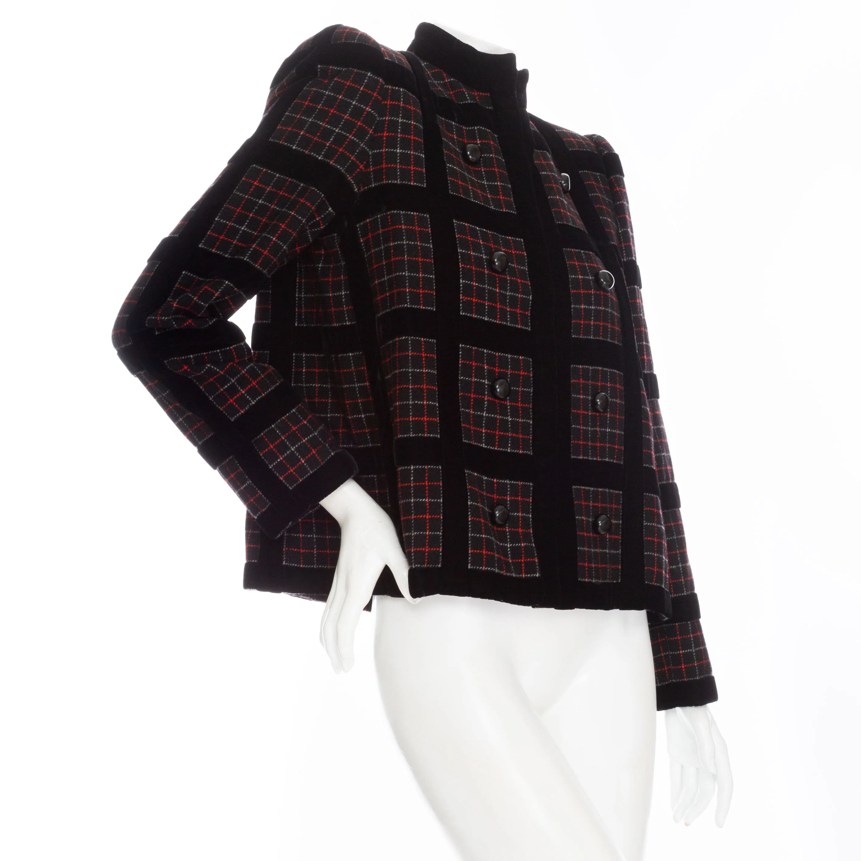 1982 Haute Couture Black and Red Wool Checkered Two-Piece Skirt and Jacket Suit