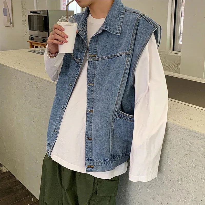 Aidase Spring New Arrival Denim Vests Men Loose Casual Sleeveless Jacket Boys Cotton Oversized Blue Jacket Vest Male Coat Streetwear