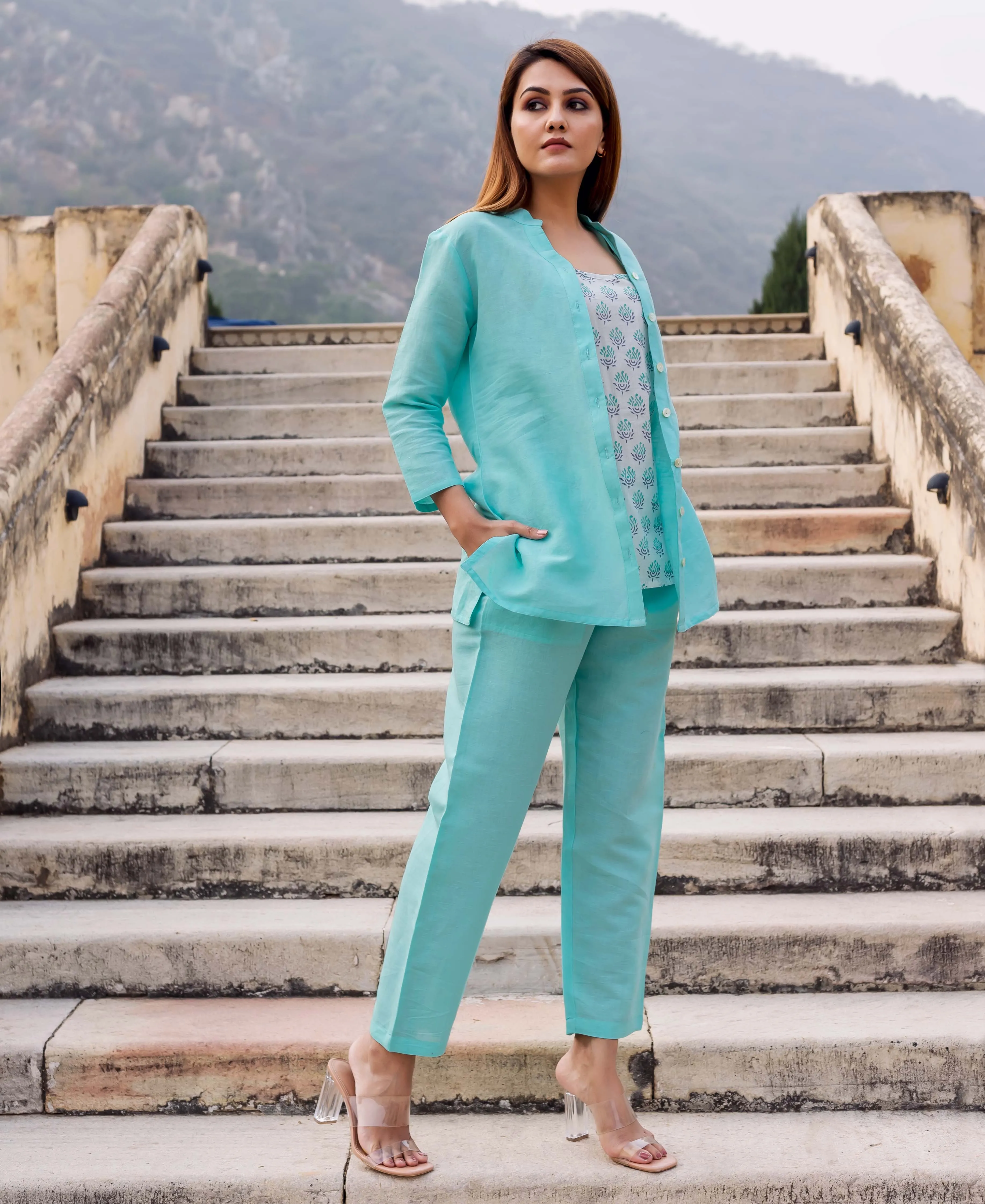 Aqua Blue Linen Power Suit Set