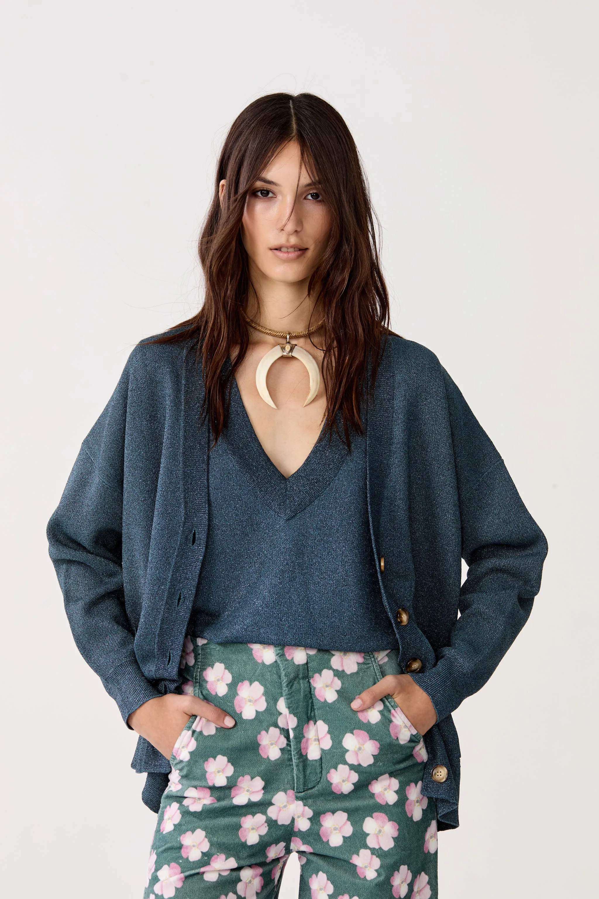 Aspen Lurex Cardigan - Teal