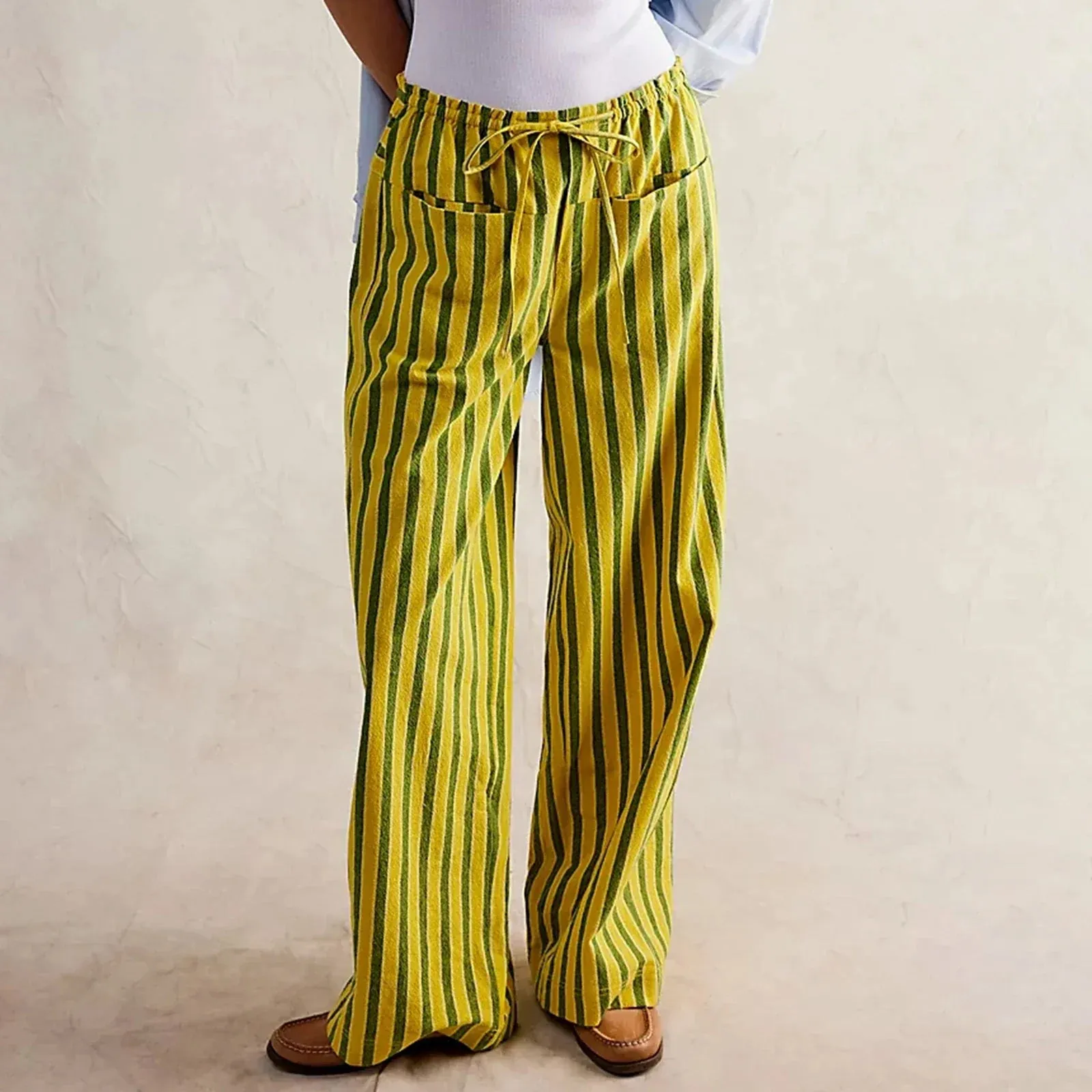 Baggy Drawstring Wide Striped Loose Multiple Pockets Fashion Casual Pants