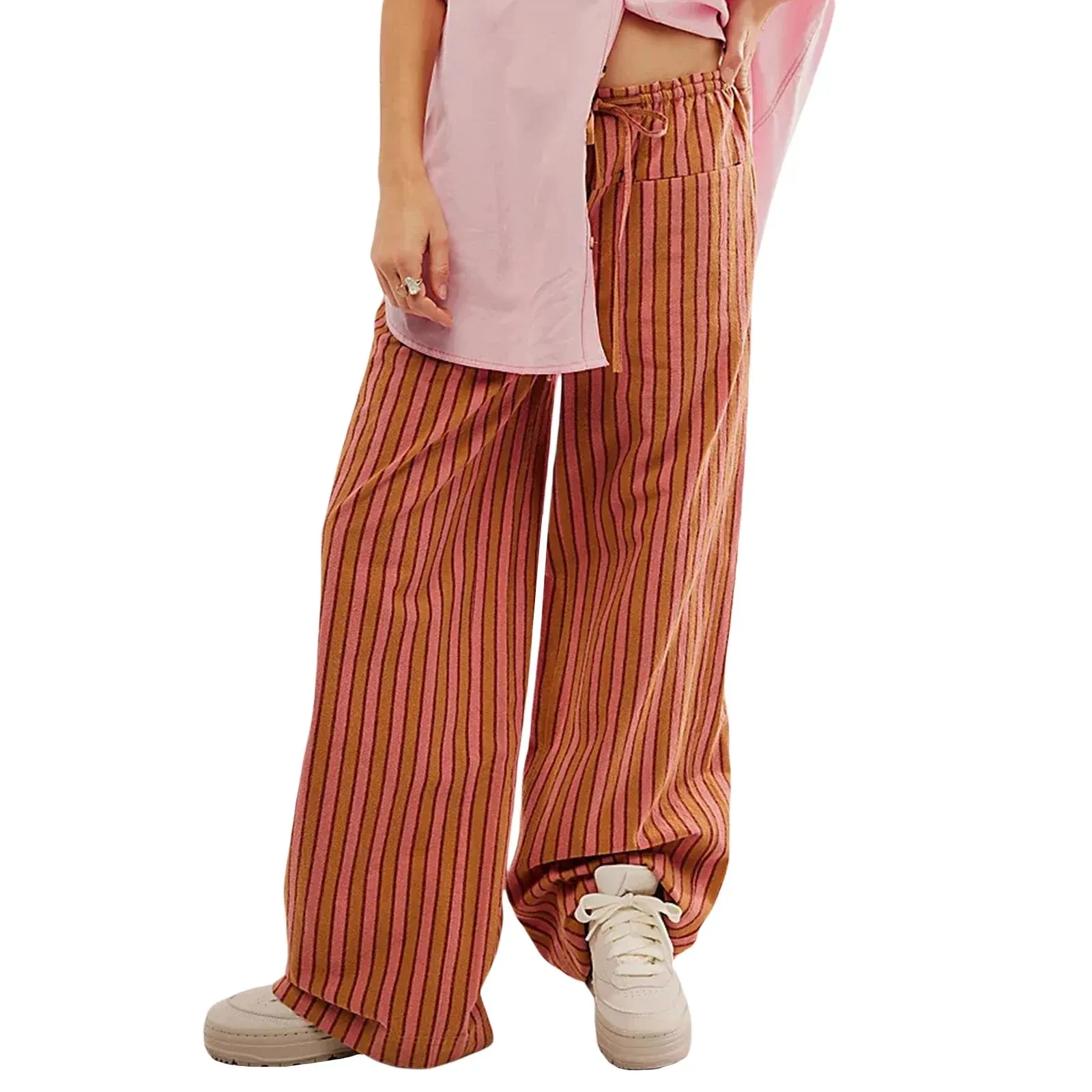 Baggy Drawstring Wide Striped Loose Multiple Pockets Fashion Casual Pants