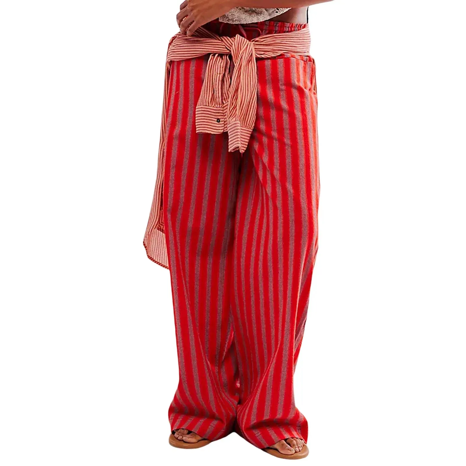 Baggy Drawstring Wide Striped Loose Multiple Pockets Fashion Casual Pants