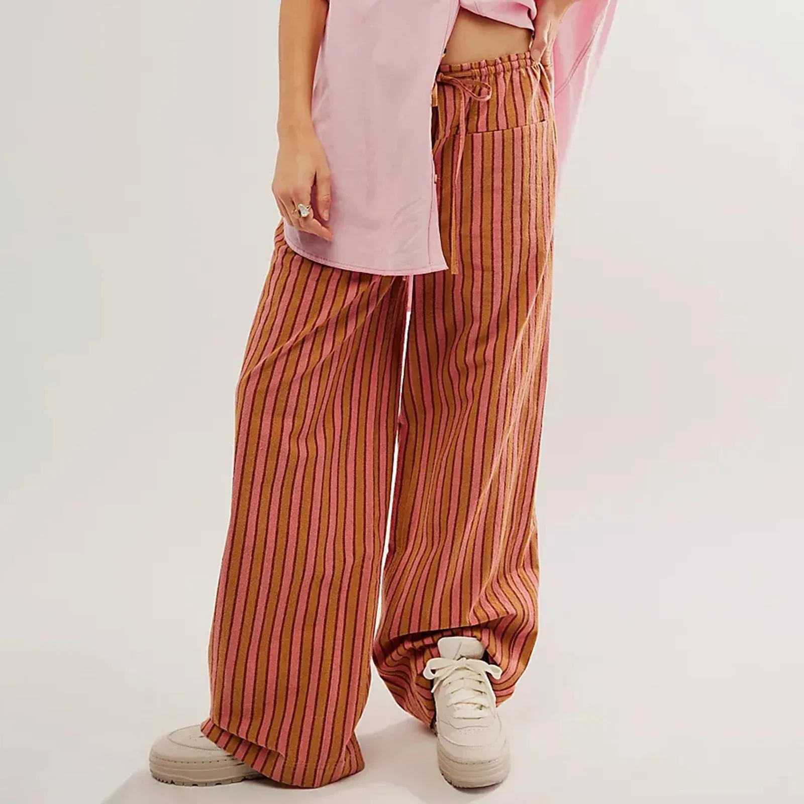 Baggy Drawstring Wide Striped Loose Multiple Pockets Fashion Casual Pants