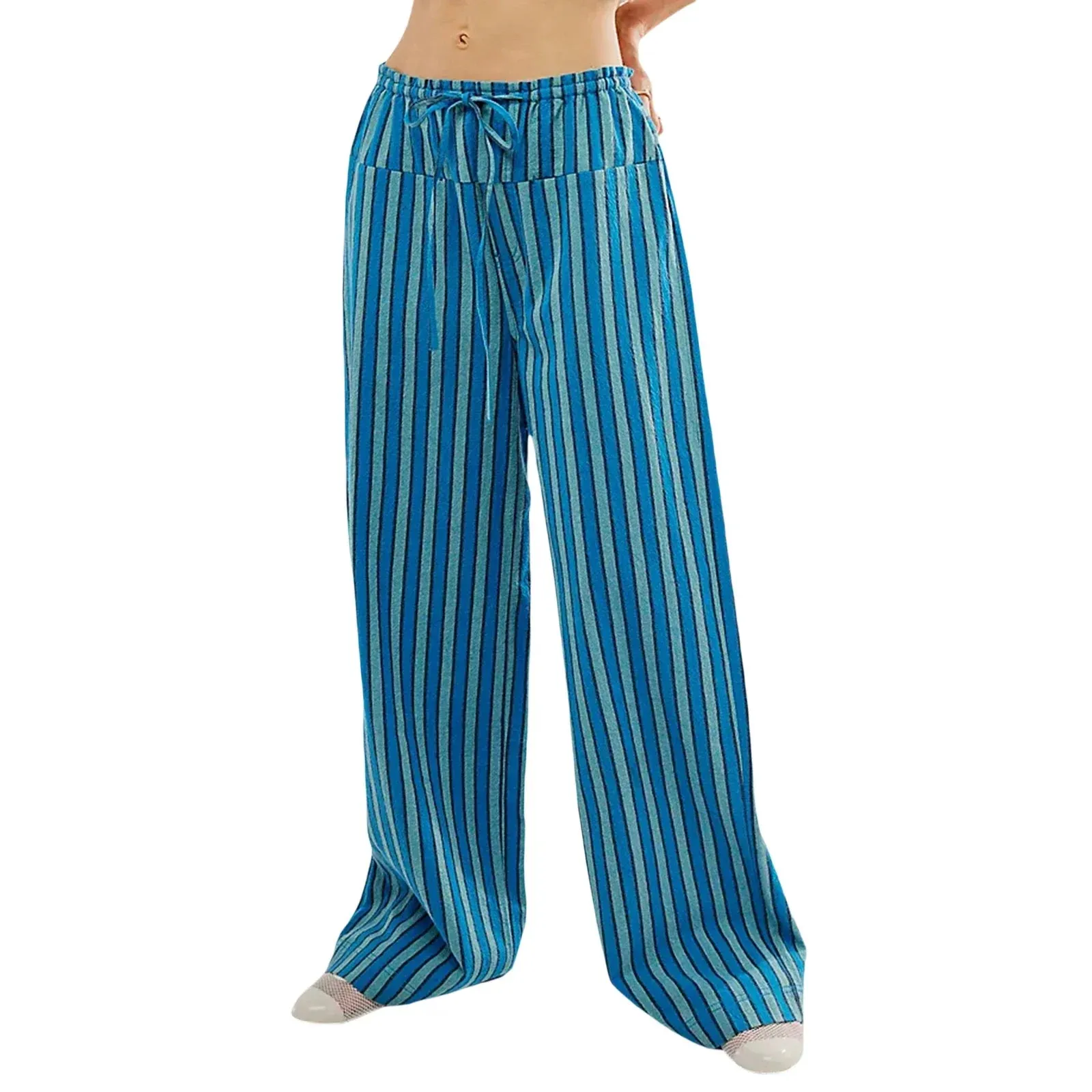 Baggy Drawstring Wide Striped Loose Multiple Pockets Fashion Casual Pants