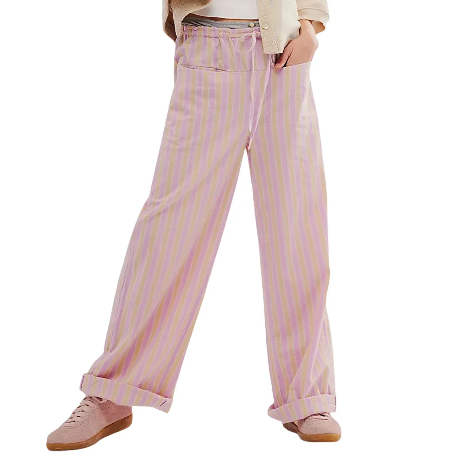 Baggy Drawstring Wide Striped Loose Multiple Pockets Fashion Casual Pants