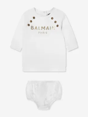 Balmain Baby Girls Logo Jersey Dress in White