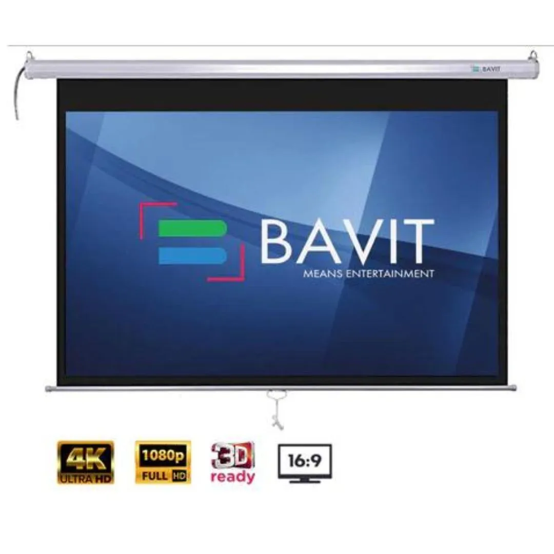 Bavit 16:9 Wall Type Projection Screen with Spring Action - Matt White Fabric 4K/Full HD & 3D Ready