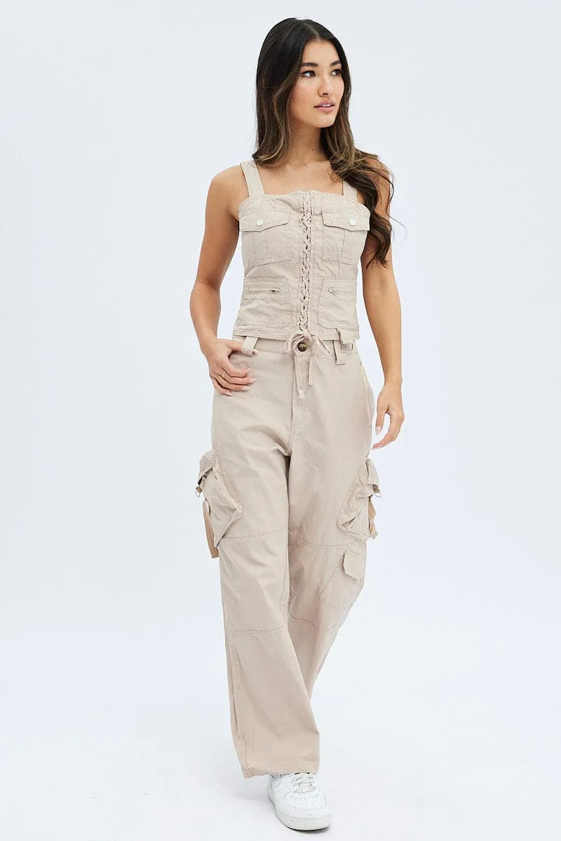 Beige Cargo Pants Low Rise