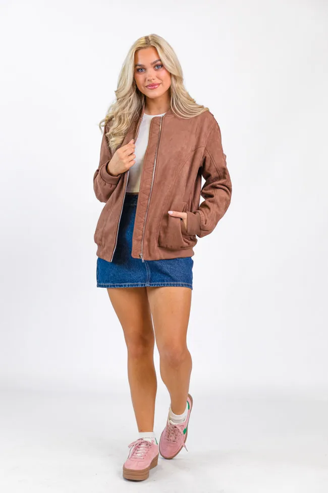 Believe In Me Brown Oversized Suede Bomber Jacket SALE