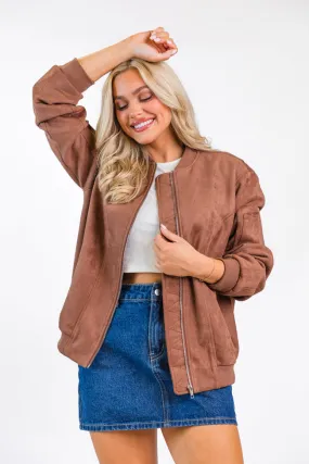 Believe In Me Brown Oversized Suede Bomber Jacket SALE