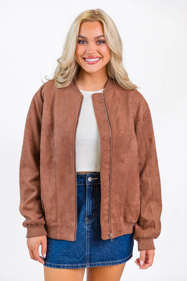 Believe In Me Brown Oversized Suede Bomber Jacket SALE