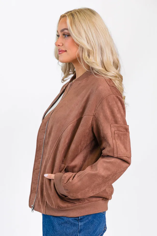 Believe In Me Brown Oversized Suede Bomber Jacket SALE