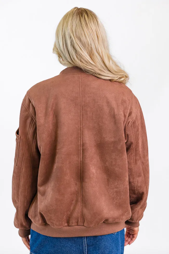 Believe In Me Brown Oversized Suede Bomber Jacket SALE