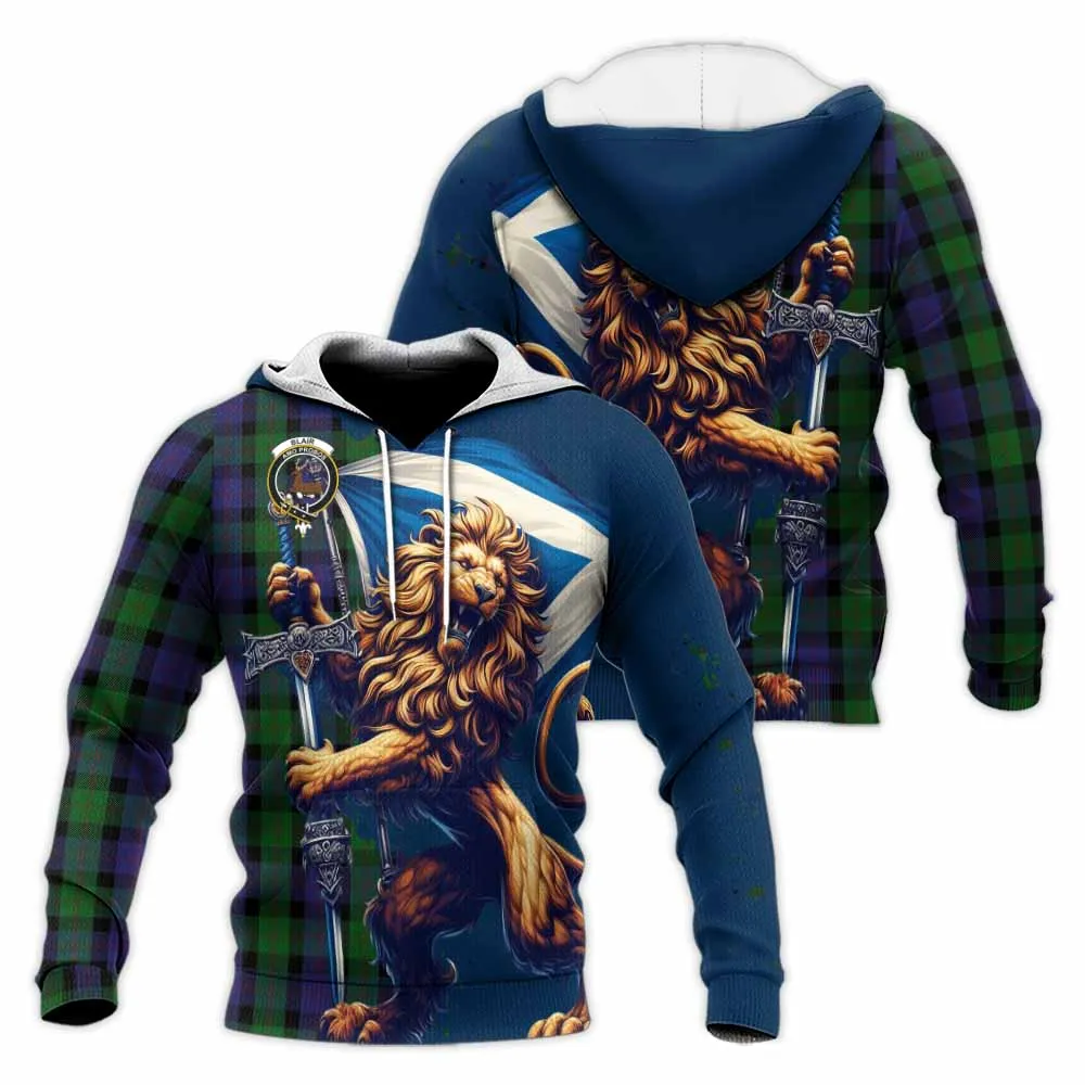 Blair Tartan Family Crest Knitted Hoodie with Scottish Majestic Lion