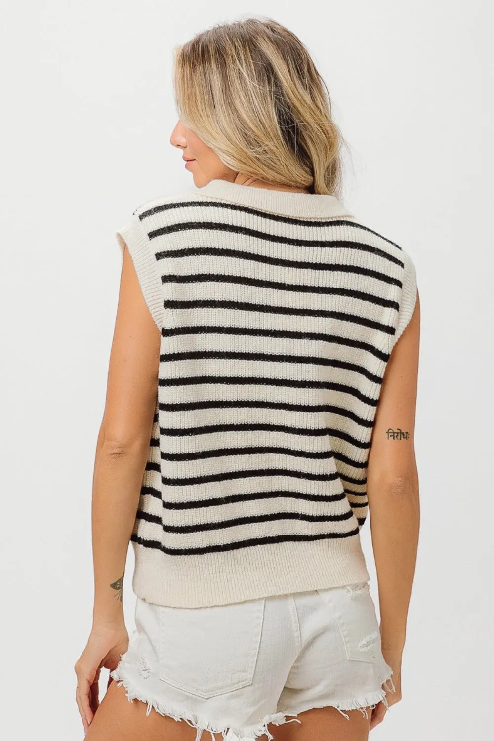 Blue Zone Planet |  BiBi Flower Patch Striped Half Button Sweater Vest