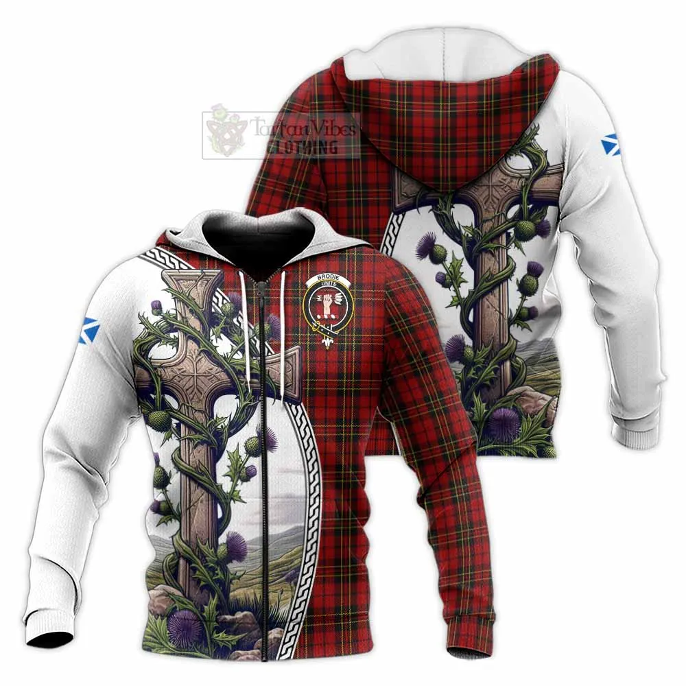 Brodie Tartan Knitted Hoodie with Family Crest and St. Andrew's Cross Accented by Thistle Vines