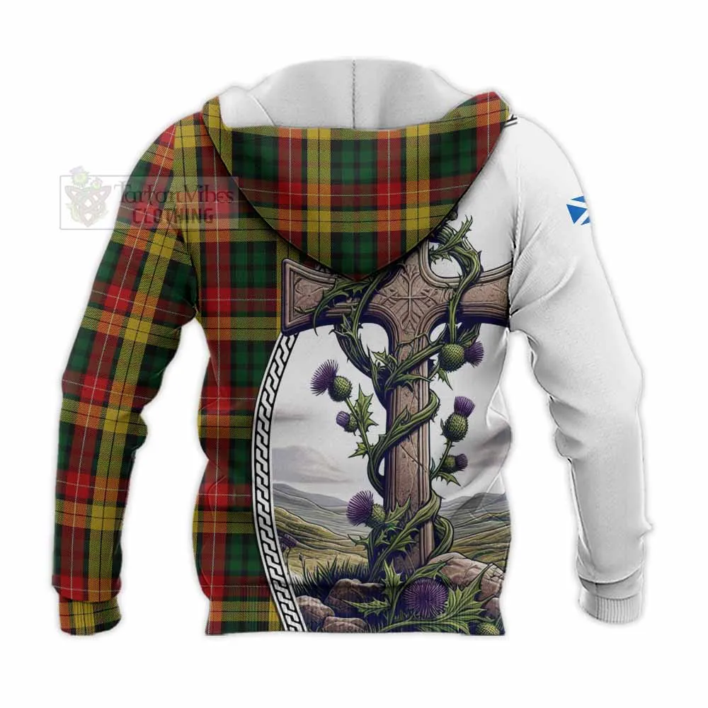 Buchanan Tartan Knitted Hoodie with Family Crest and St. Andrew's Cross Accented by Thistle Vines