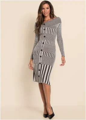 Button-Front Sweater Dress - Grey & Black