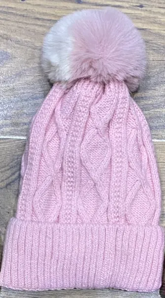 Cable Knit Two Tone Pom Pom Hat With Fleece Lining (5 Colours)