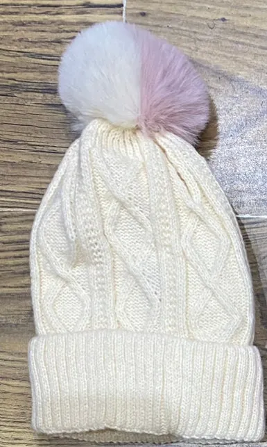 Cable Knit Two Tone Pom Pom Hat With Fleece Lining (5 Colours)